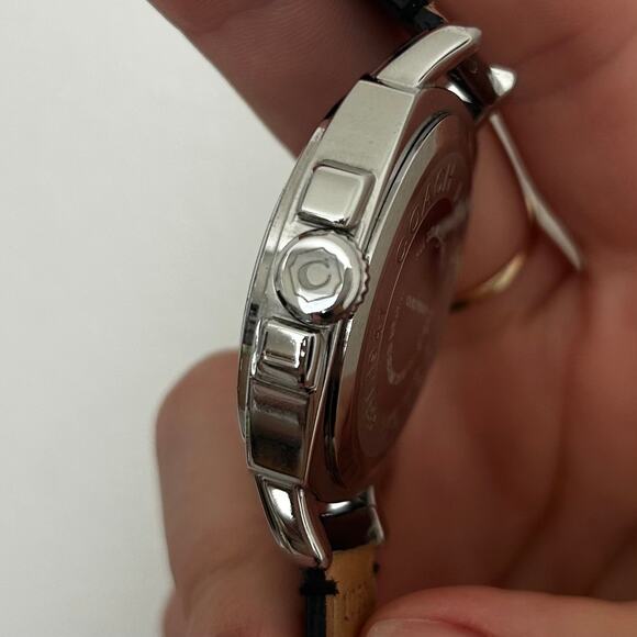 Women's Coach Boyfriend Black Patent Leather Strap Crystal Dial Watch Large - Picture 9 of 12